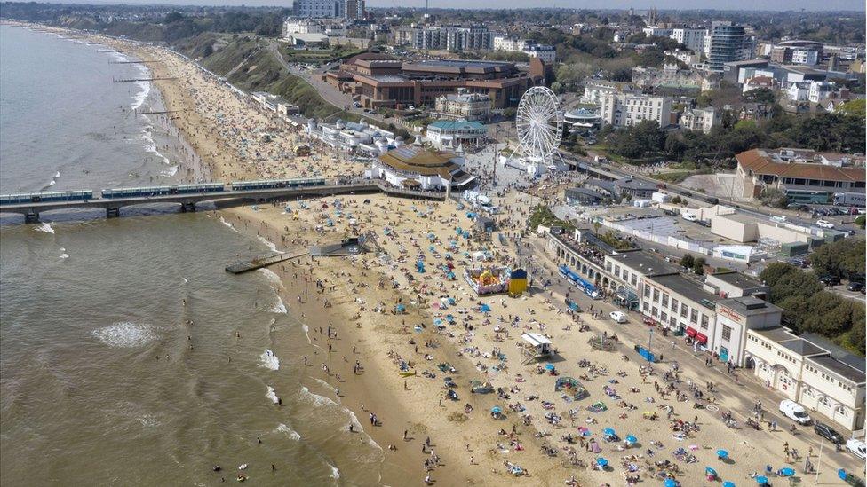 An aerial view of a busy Bournemouth beach