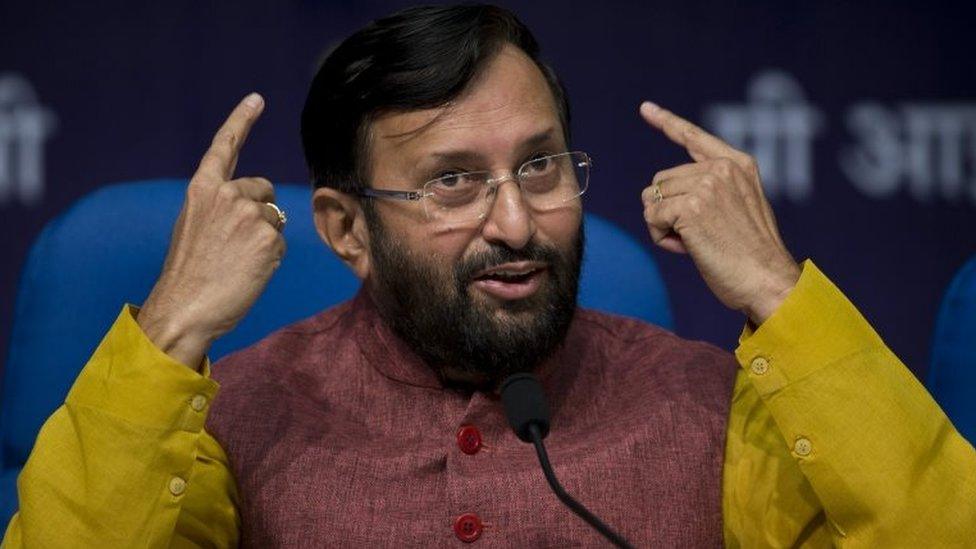 Indian Environment Minister, Prakash Javadekar, at a news conference to elaborate on India's submission for a global climate pact to cut down on the intensity of its carbon emissions, in Delhi on Friday, Oct 2, 2015