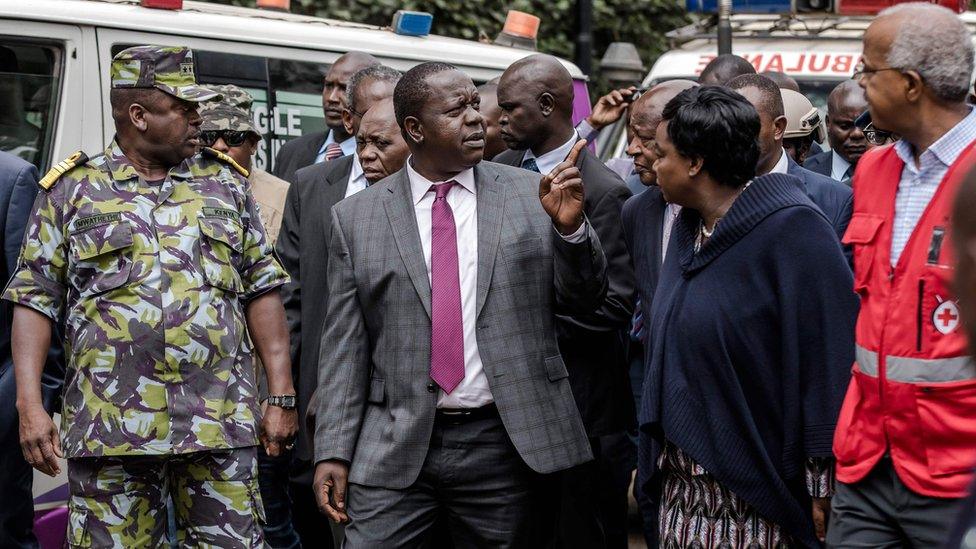 Kenyan Interior Minister Fred Matiangi at the scene of the attack