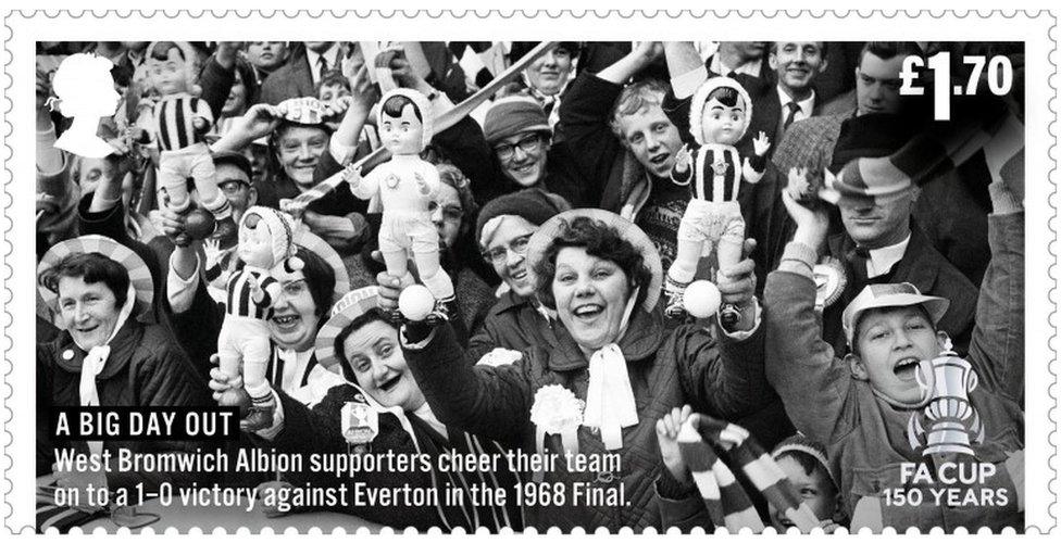 Undated handout photo issued by Royal Mail of the stamp showing A Big Day Out - West Bromwich Albion supporters cheering their team in the 1968 Final,