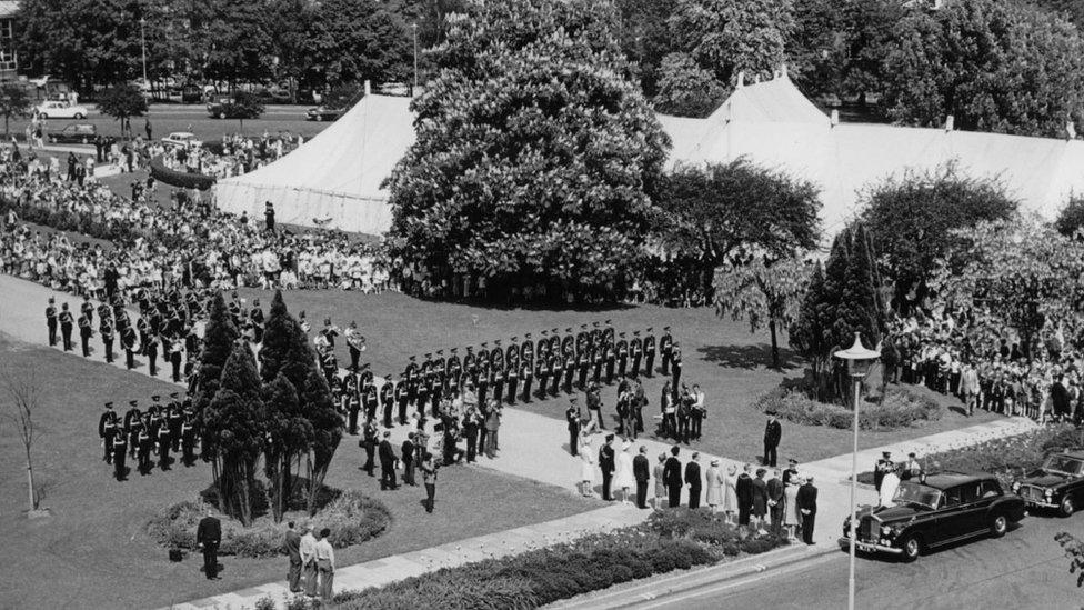 Queen Mother opens Louis de Soissons Memorial Garden, 1970