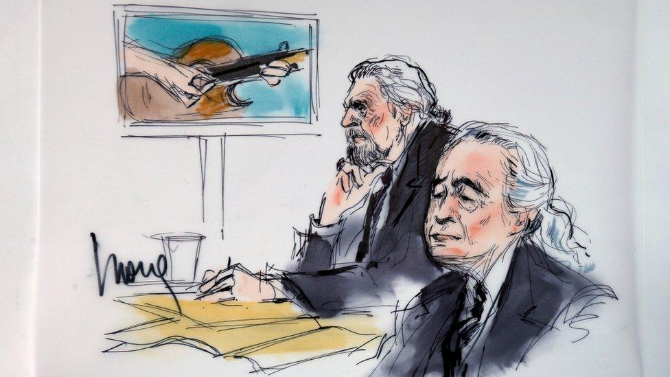 Led Zeppelin singer Robert Plant (L) and guitarist Jimmy Page are shown sitting in federal court for a hearing in a lawsuit involving their rock classic song "Stairway to Heaven" in this courtroom sketch in Los Angeles, California 14 June 2016.