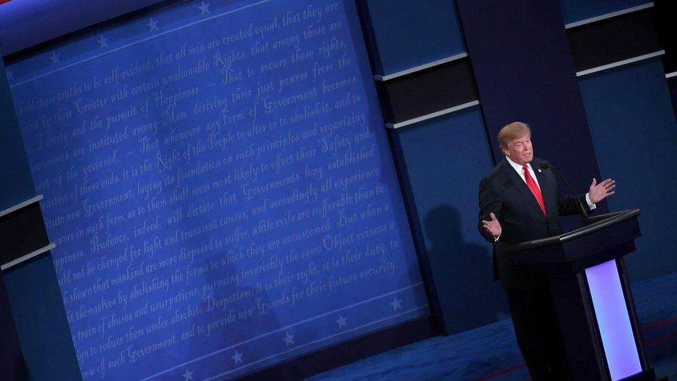 Republican presidential nominee Donald Trump speaks during the third U.S. presidential debate against Democratic presidential nominee former Secretary of State Hillary Clinton at the Thomas Mack Center on October 19, 2016 in Las Vegas, Nevada.