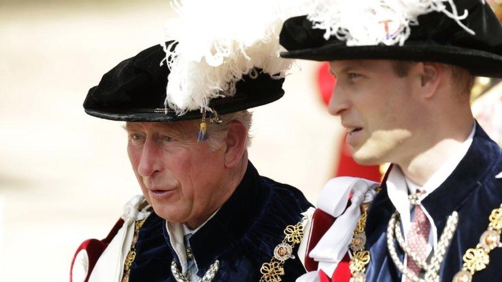 Prince Charles, Prince of Wales in his role as a Royal Knight Companion of the Garter and Prince William, Duke of Cambridge in his role as a Knight Companion