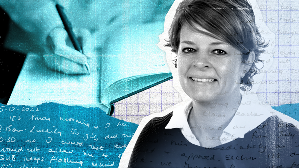 Graphic showing handwriting, a person writing in a notebook, and a headshot of head teacher Ruth Perry
