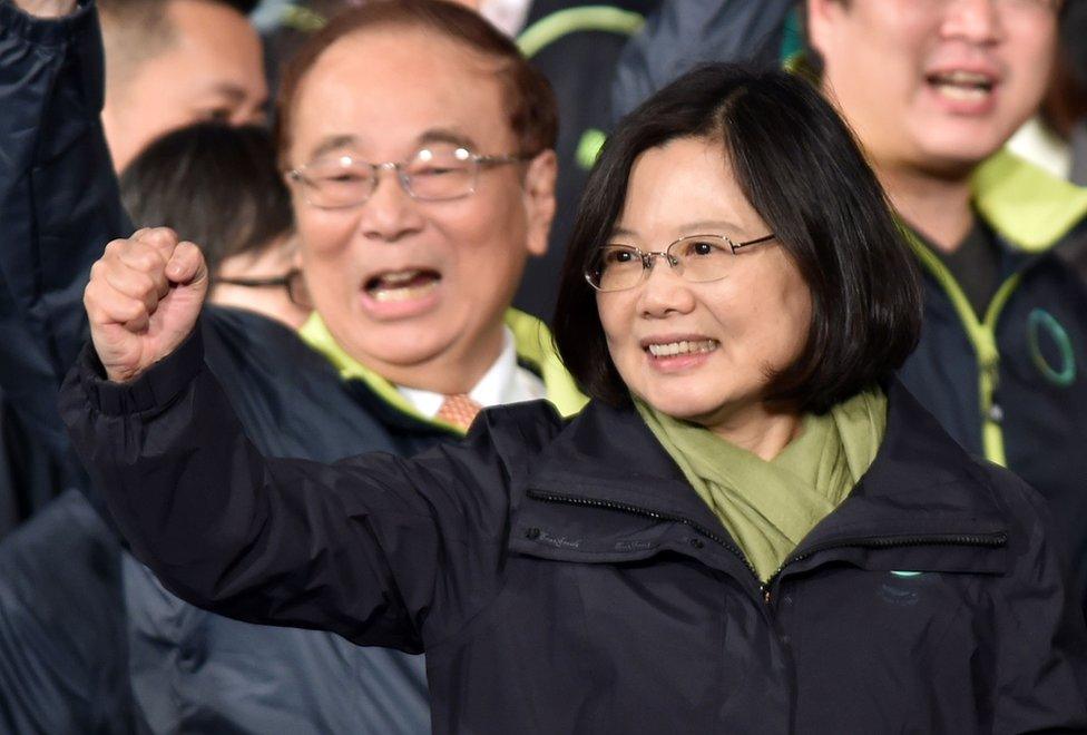 This photograph taken on 16 January 2016 shows Taiwan president-elect Tsai Ing-wen gesturing following her win in the presidential elections in Taipei.