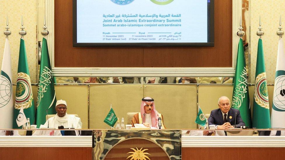 Secretary General of the Organization of Islamic Cooperation (OIC) Hissein Brahim Taha, Saudi Arabia's Foreign Minister Prince Faisal bin Farhan Al Saud and Secretary-General of the Arab League Ahmed Aboul Gheit attend a news conference during the Joint Arab Islamic Extraordinary Summit in Riyadh, Saudi Arabia (11 November 2023)