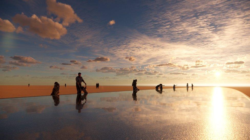 Artist impression of people looking in a long reflective pool on a beach reflecting the clouds and sun