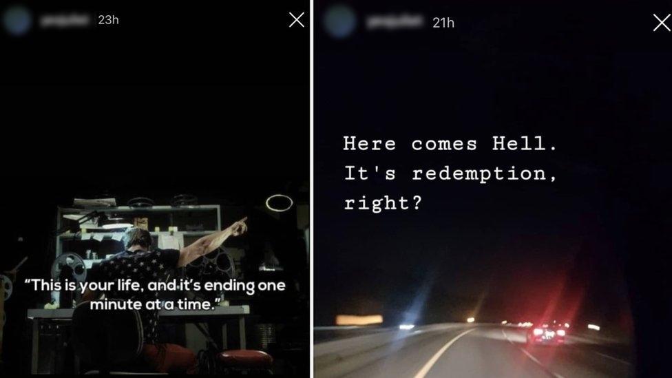 Screenshots show a quote of 'This is your life, and it's ending one minute a time' from Fight Club and 'Here comes hell. It's redemption, right?' from a Hollywood Undead song
