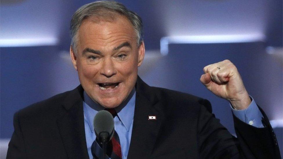 Democratic vice presidential nominee Senator Tim Kaine speaking at the Democratic convention.