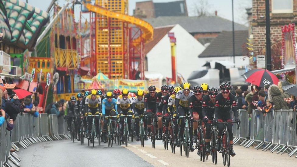 The peloton ride during the third stage of the 2016 Tour de Yorkshire between Middlesbrough and Scarborough