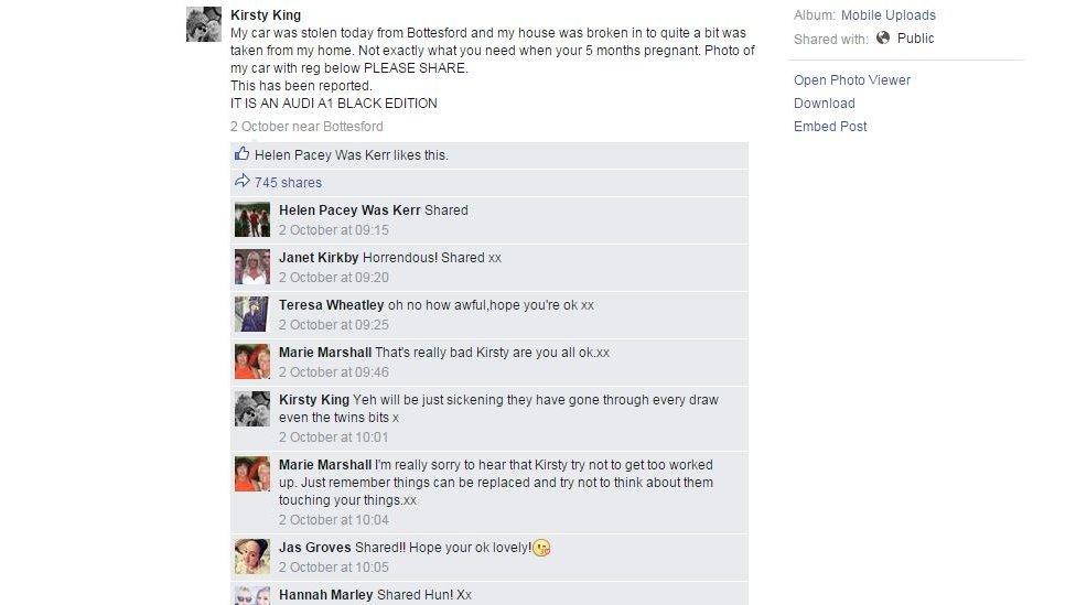 Kirsty King's Facebook post which reads: My car was stolen today from Bottesford and my house was broken in to quite a bit was taken from my home. Not exactly what you need when your 5 months pregnant. Photo of my car with reg below PLEASE SHARE.