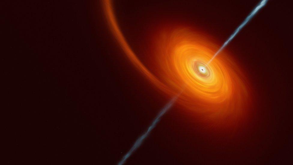 artist's impression of a star being squeezed by the intense gravitational pull of the black hole