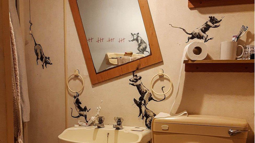 Banksy's bathroom decorated with rat art