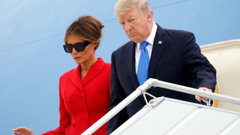 US President Donald Trump and First Lady Melania Trump arrive aboard Air Force One at Orly airport near Paris, France, 13 July 2017.