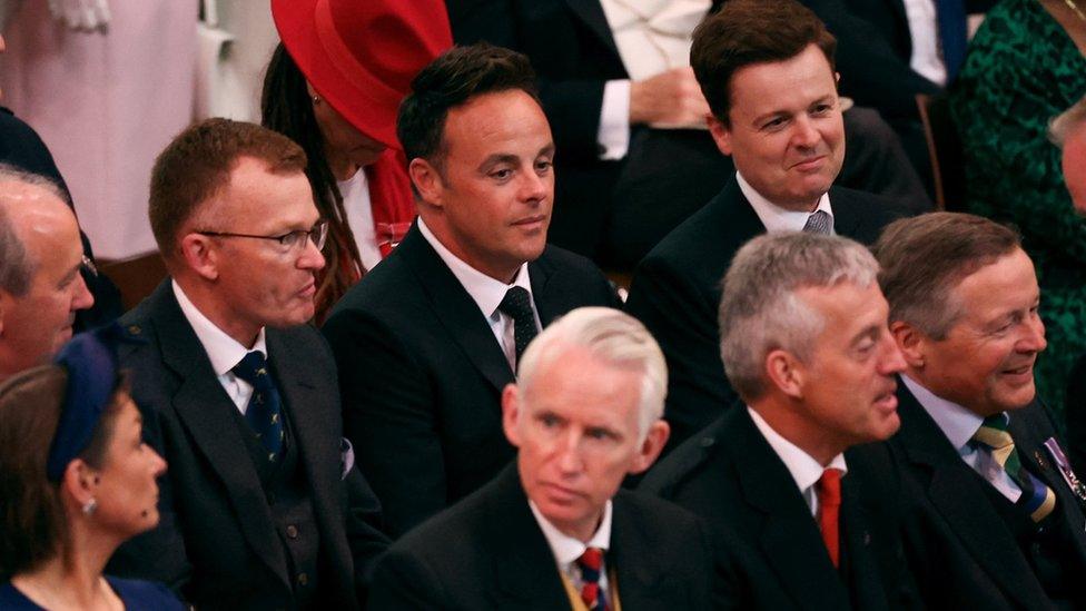 Anthony McPartlin and Declan Donnelly in the pews ahead of the coronation of King Charles III and Queen Camilla at Westminster Abbey