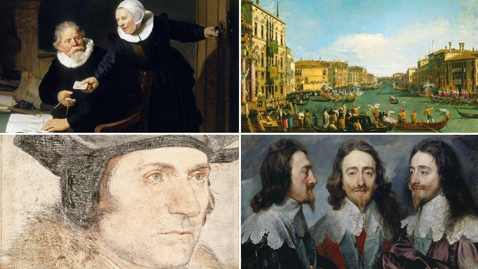 Clockwise from top left: Rembrandt's The Shipbuilder and his Wife; Canaletto's A Regatta on the Grand Canal; Sir Anthony van Dyck's Charles I; Hans Holbein's Sir Thomas More