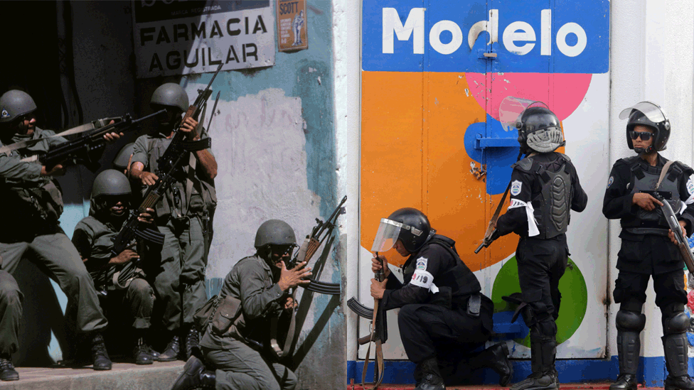 Armed security forces can be seen by the entrance to a pharmacy in 1979/Riot police forces confront anti-government demonstrators at Monimbo neighbourhood in Masaya, some 35 km from Managua, on July 13, 2018