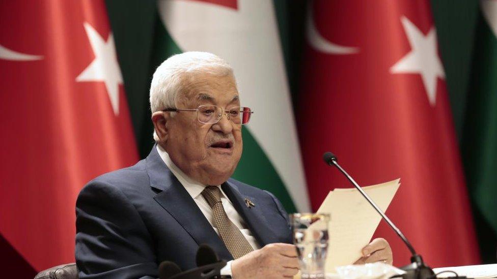 Palestinian President Mahmoud Abbas attends a press conference with Turkish president following their meeting in Ankara, Turkey, 5 March 2024