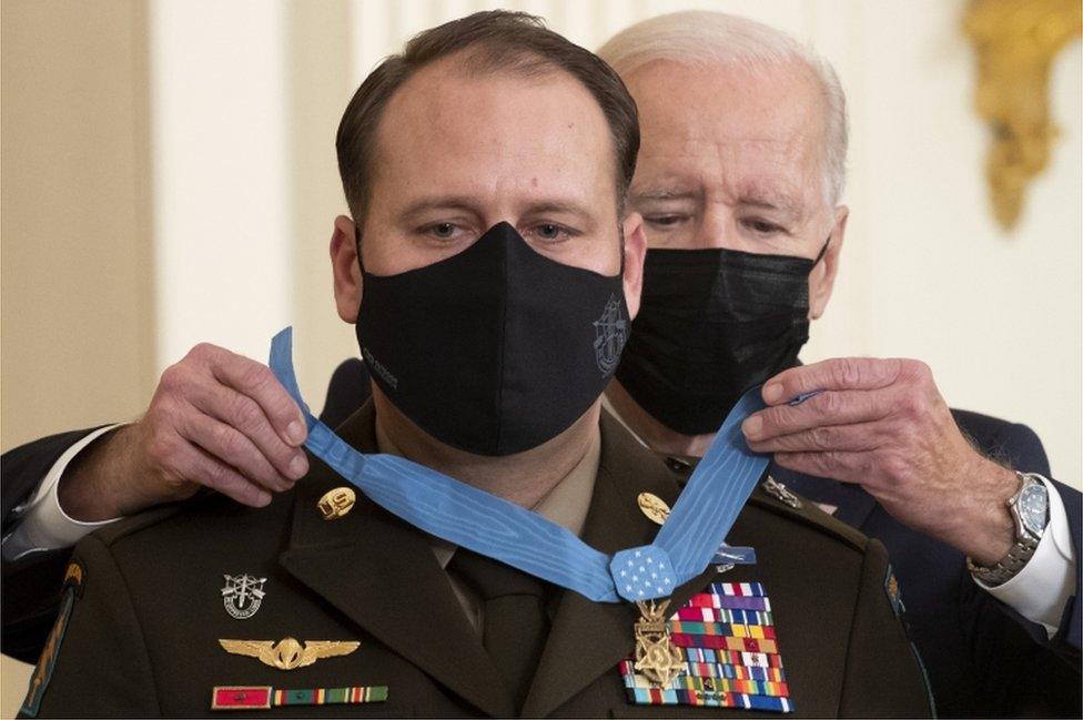 Sgt Plumlee was the only living recipient awarded by Mr Biden on Thursday