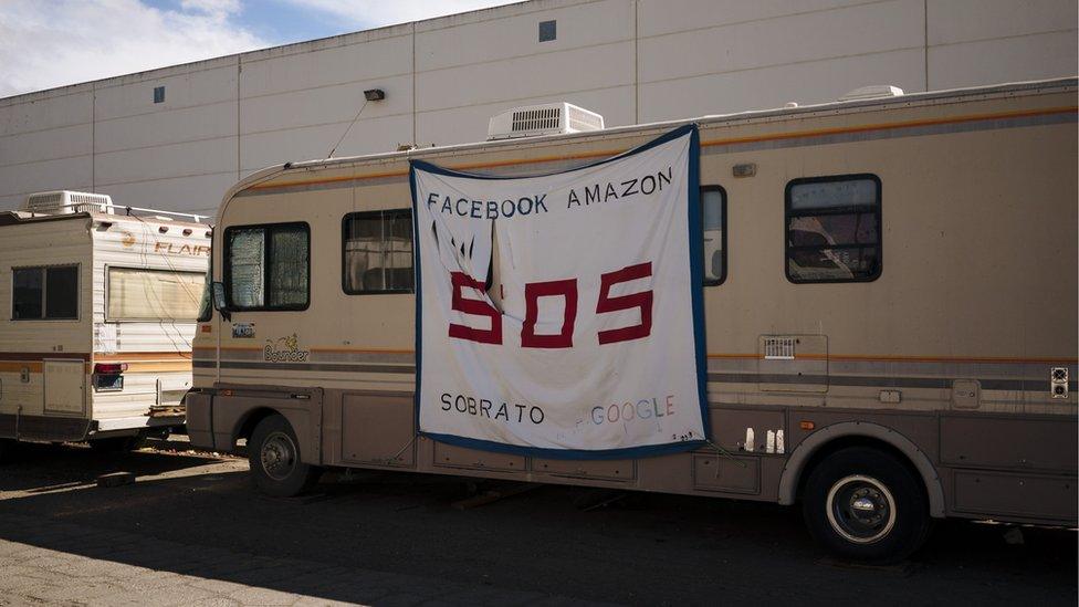 RVs line Bay Road in East Palo Alto, California