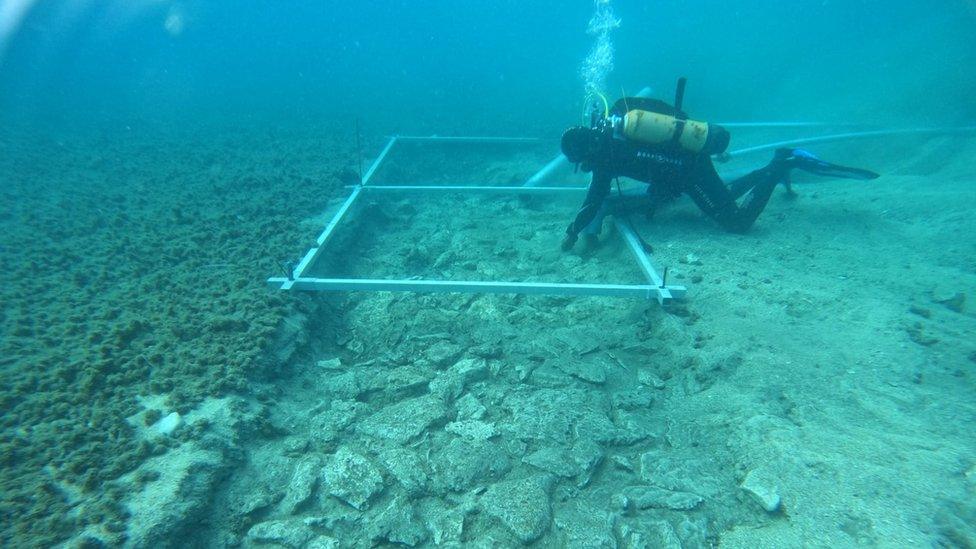 Researchers looking at the ancient road under the water