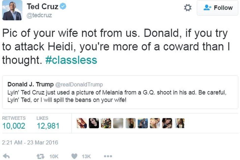 Tweet by Ted Cruz in March 2016, saying: Pic of your wife not from us. Donald, if you try to attack Heidi, you're more of a coward than I thought. #classless