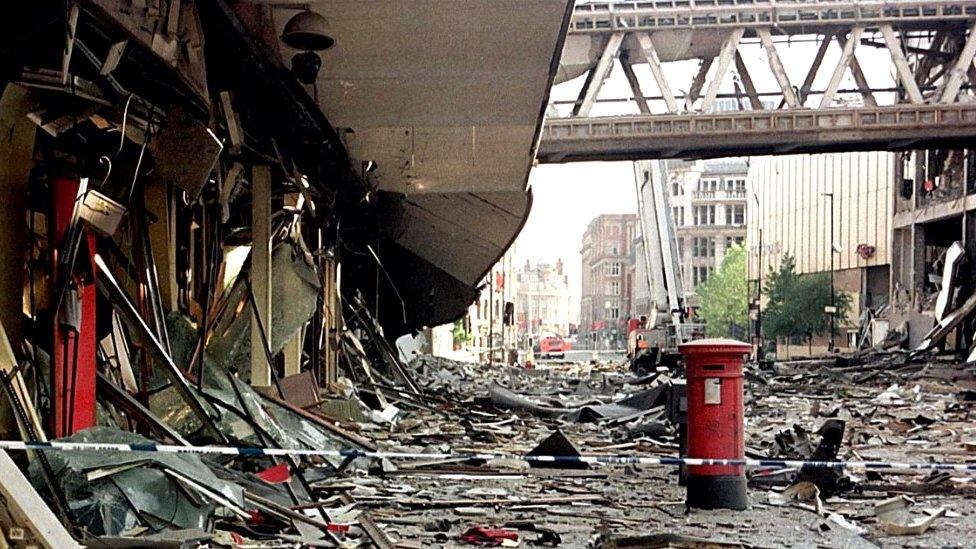 Scene in Manchester City Centre near bomb-damaged Arndale Centre