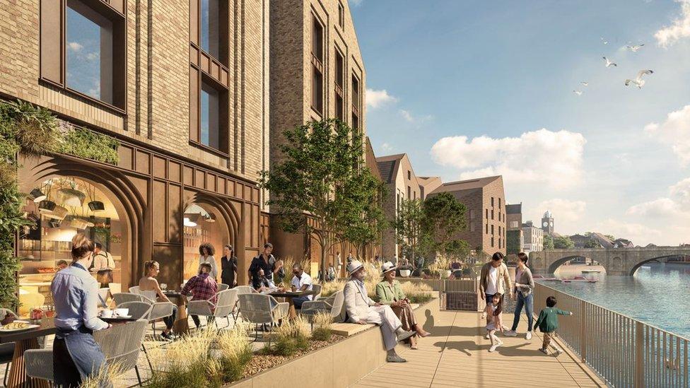 CGI of a riverside walkway with cafe tables