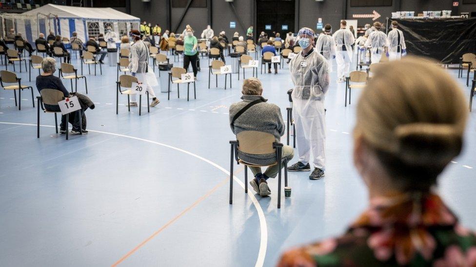 Prime Minister Mette Frederiksen during a visit to the vaccination centre in Roskilde Congress Center, Denmark