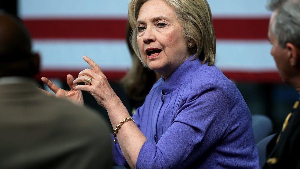 Hillary Clinton speaks at a round table discussion at the Virginia Air and Space Center in Hampton, Virginia (15 June 2016)