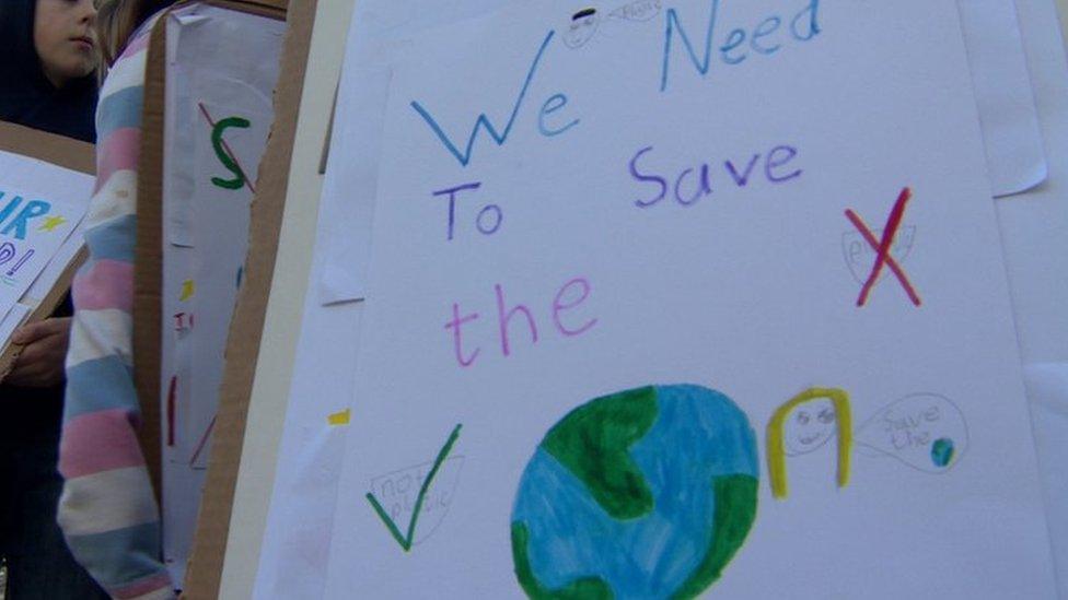 A homemade poster that reads: We need to save the planet