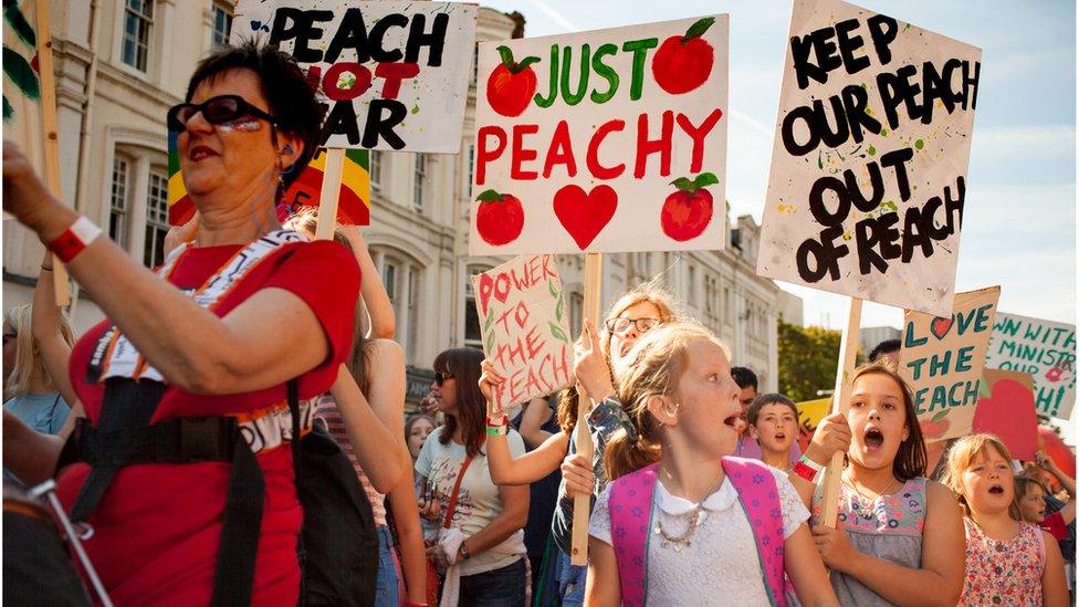 A 'protest' group followed the giant peach around the city's streets