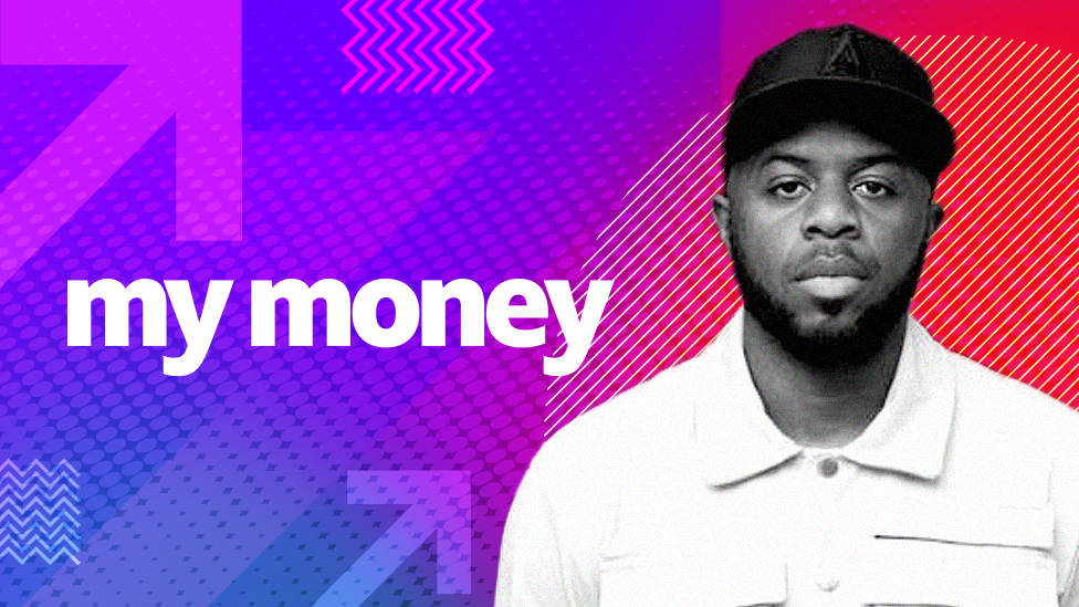 An illustration of Aaron against a purple background with the words 'my money'