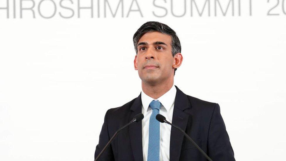 British Prime Minister Rishi Sunak speaks during a press conference following the G7 summit on May 21, 2023 in Hiroshima, Japan.