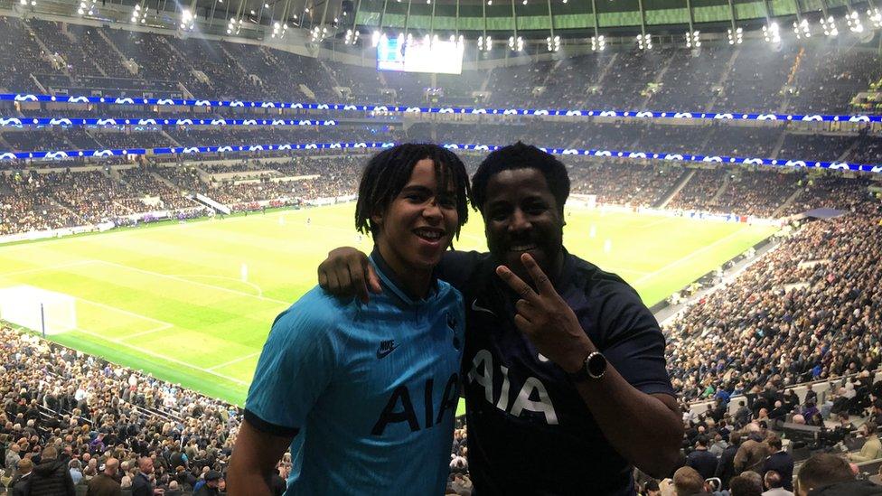 Luke (right) and his son Jadan McEwen at a match between Tottenham Hotspur and Red Star Belgrade in October 2019.