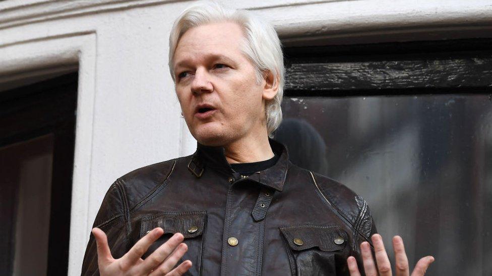 Julian Assange speaking at the Ecuadorian embassy in London