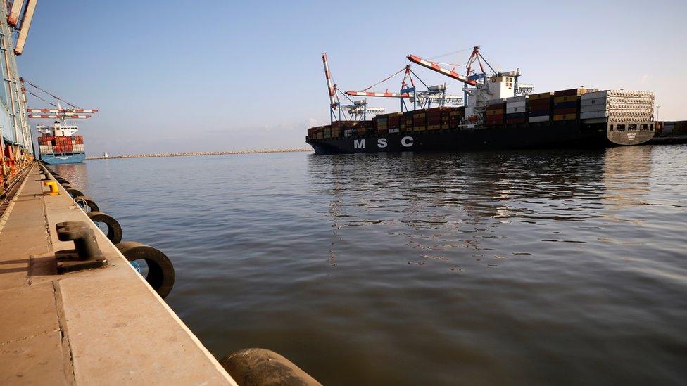 MSC cargo ship carrying containers docks at Haifa"s port