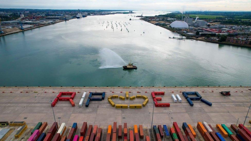 Aerial photo of shipping containers at Southampton Docks that have been lined up to spell RIP ER