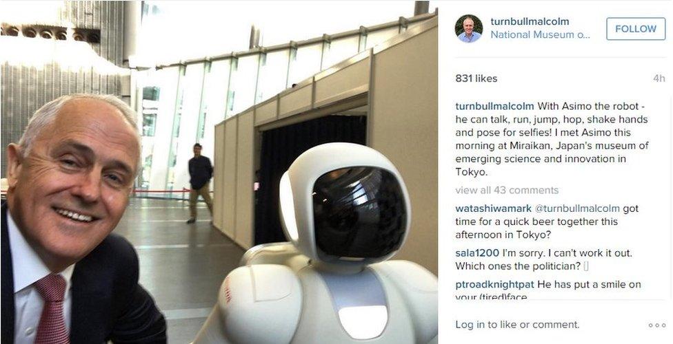 Malcolm Turnbull takes a selfie with Asimo the robot, on Instagram