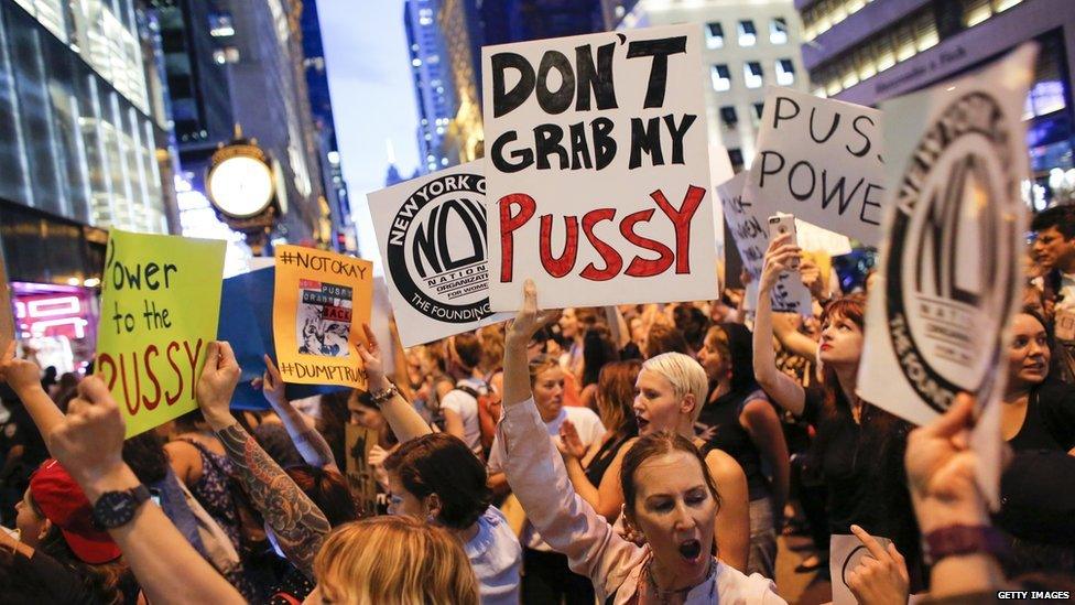 Women protest outside Trump Tower before the billionaire was elected as president in November