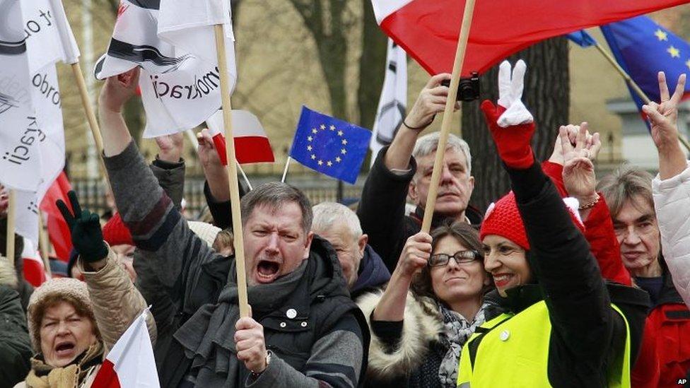 Protesters celebrate outside the Constitutional Court in Warsaw after the judges' ruling 09/03/2016