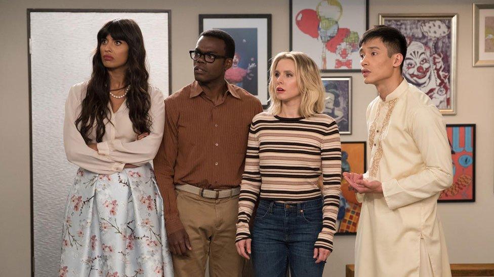 Jameela Jamil with (l-r) William Jackson Harper, Kristen Bell and Manny Jacinto