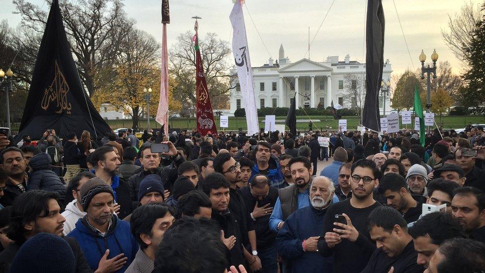 Shia Muslims protest against ISIS and the use of terrorism in the name of Islam during a religious procession of US Shia Muslims at Lafayette Square, outside the White House in Washington, DC on December 06, 2015