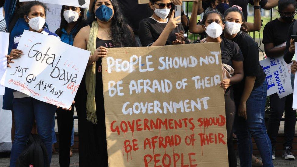 Sri Lankans shout slogans demanding the Sri Lankan president Gotabaya Rajapaksa to step down during a protest at Colombo, Sri Lanka. Monday, 4 April 2022.