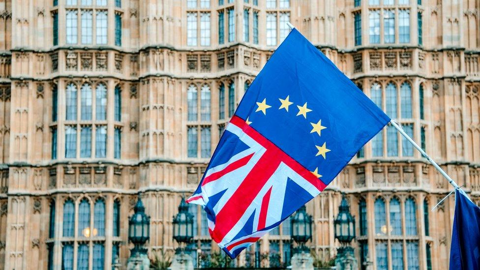 EU and UK flag outside Parliament