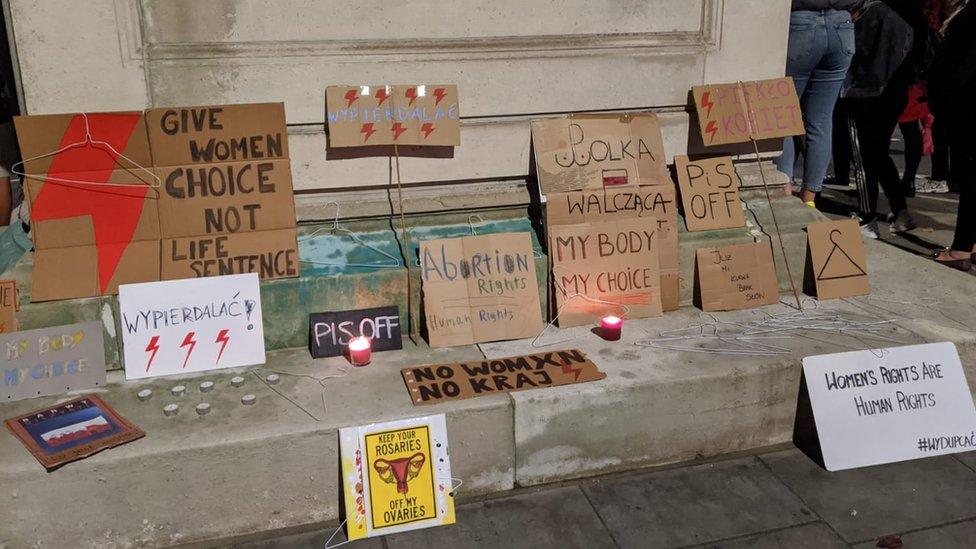 Protesters outside the Polish embassy in London