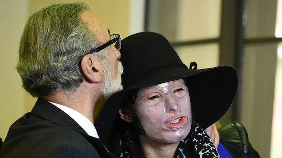 Natalia Ponce De Leon with her father at a news conference during the launching of her book ' Rebirth of Natalia Ponce de Leon' in Bogota on 16 April 2015.