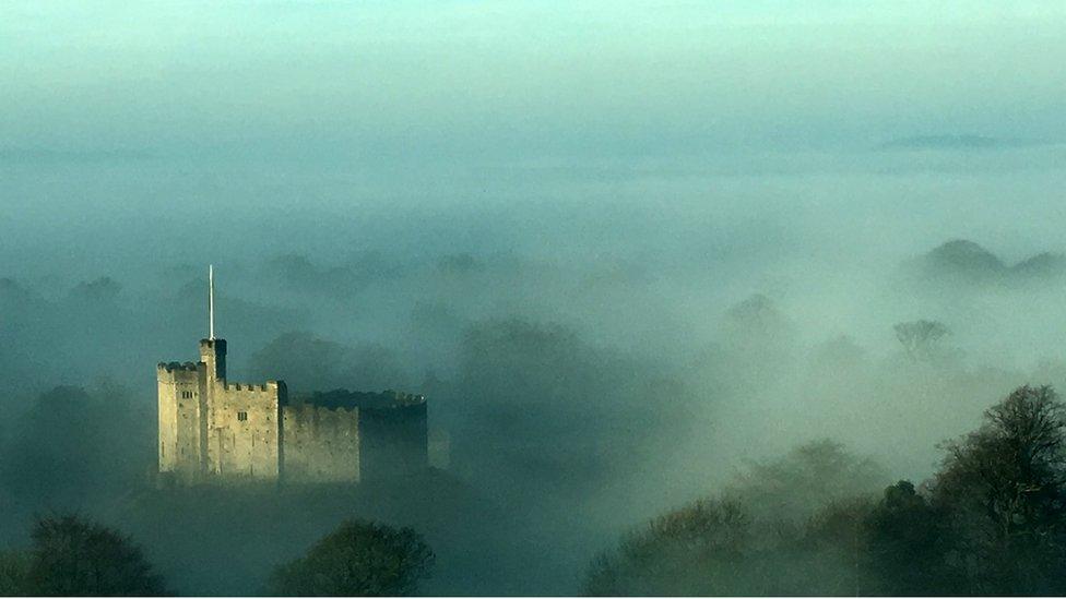 Cardiff Castle in the fog