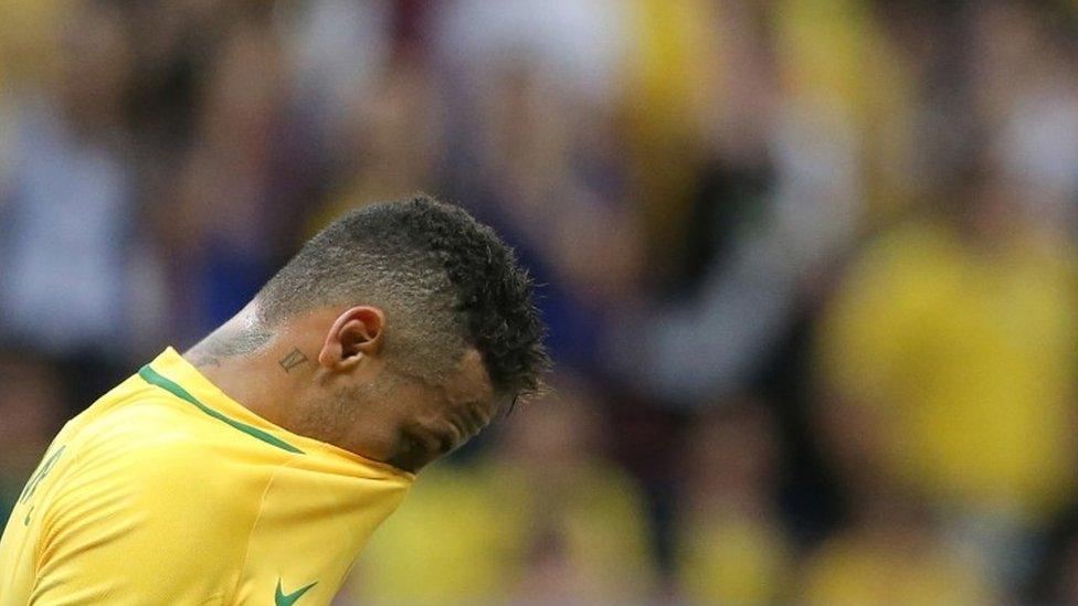 Brazil's Neymar reacts at the end of a group A match of the men's Olympic football tournament between Brazil and Iraq at the National Stadium in Brasilia, Brazil, Sunday, Aug. 7, 2016.